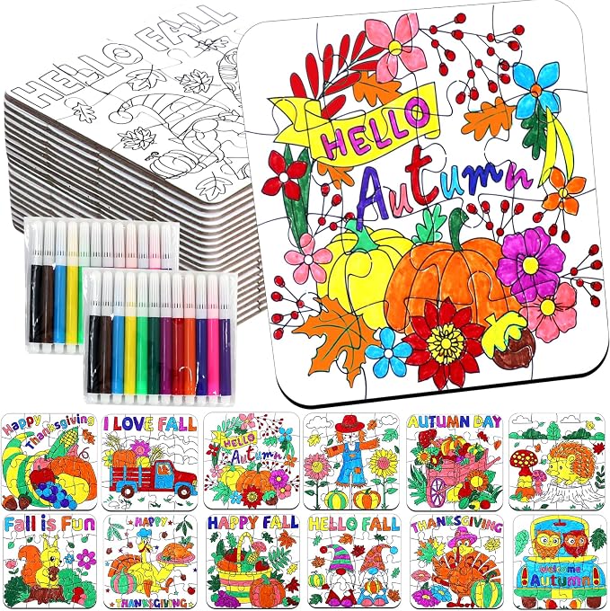 24Pcs Fall Thanksgiving Crafts for Kids Autumn DIY Coloring Puzzle Art Kit | Large Pumpkin Turkey Jigsaw, Friendsgiving Gift Party Favors, Classroom Activity, Art Game Toy, Craft Paper Bulk Supplies