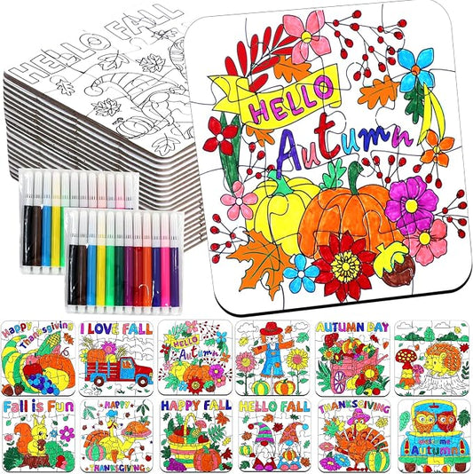 24Pcs Fall Thanksgiving Crafts for Kids Autumn DIY Coloring Puzzle Art Kit | Large Pumpkin Turkey Jigsaw, Friendsgiving Gift Party Favors, Classroom Activity, Art Game Toy, Craft Paper Bulk Supplies