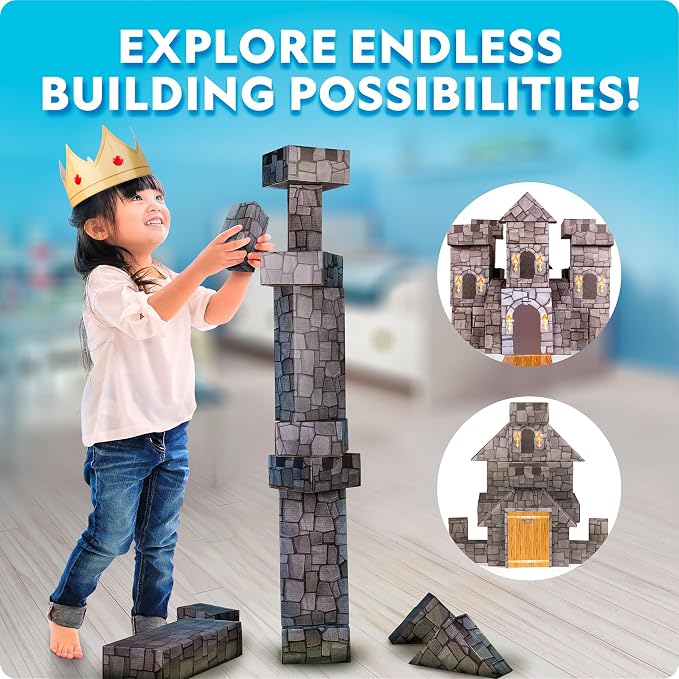 National Geographic Jumbo Cardboard Building Blocks 45-Piece Castle Set | 45 Extra-Thick Cardboard Bricks, Build a Castle Playhouse, Large Building Blocks, Indoor Construction Play, STEM Learning