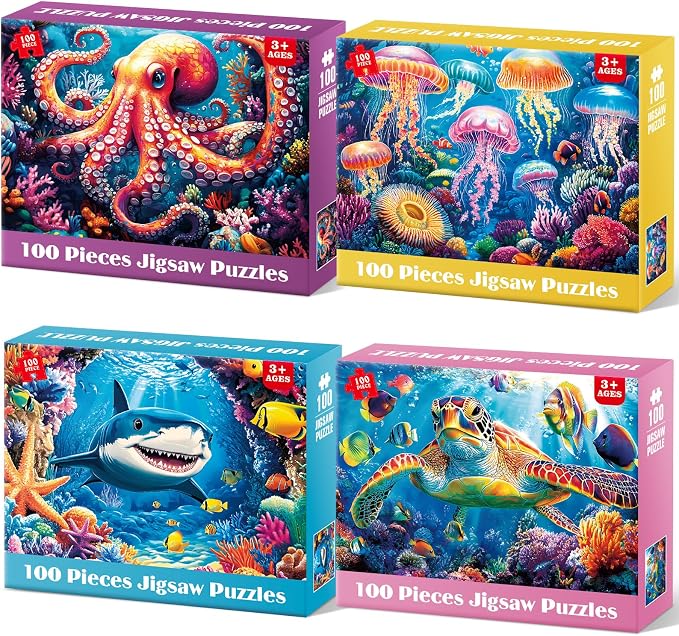 4 Pack 100 Piece Puzzles for Kids Ages 4-8 | Large Piece Kids Puzzles Ages 4-10, Ocean Theme Jigsaw Puzzle Toy, Educational Family Learning Gift for Boys Girls