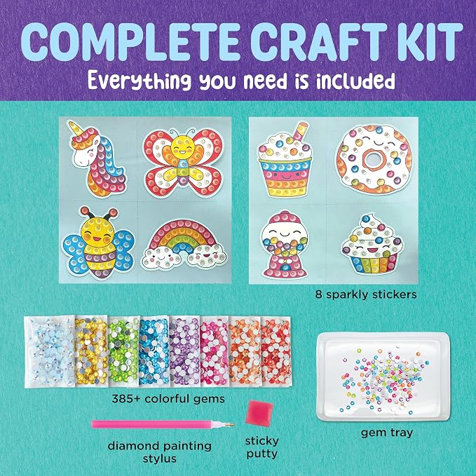 Creativity for Kids Big Gem Diamond Painting Stickers Mini Craft Kit: Create 8 Gem Art Stickers - DIY Kids Diamond Painting Kit, Unicorn Crafts for Girls, Screen Free Summer Activities (Ages 6+)