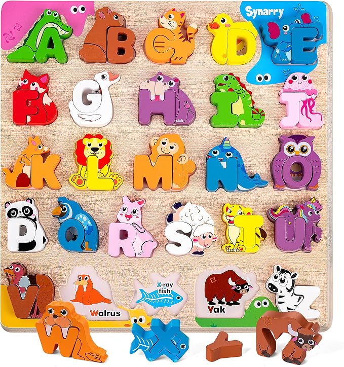 SYNARRY Wooden Alphabet Puzzle, 52 Pieces ABC Puzzles for Kids Ages 3-5, Alphabet ABC Letter Blocks Puzzles for Toddlers 3-5, Animals Letter Matching Preschool Learning Toys, Easter Gifts for Kids