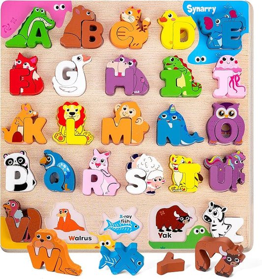 SYNARRY Wooden Alphabet Puzzle, 52 Pieces ABC Puzzles for Kids Ages 3-5, Alphabet ABC Letter Blocks Puzzles for Toddlers 3-5, Animals Letter Matching Preschool Learning Toys, Easter Gifts for Kids