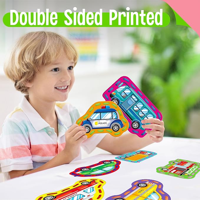 SpriteGru 9 Pieces Kids Lacing Cards, Double Sided Sewing Cards in 9 Vehicle Cards with 9 Colorful Laces, Imagination Development Lacing Toys Games for Children Educational and Learning Activity