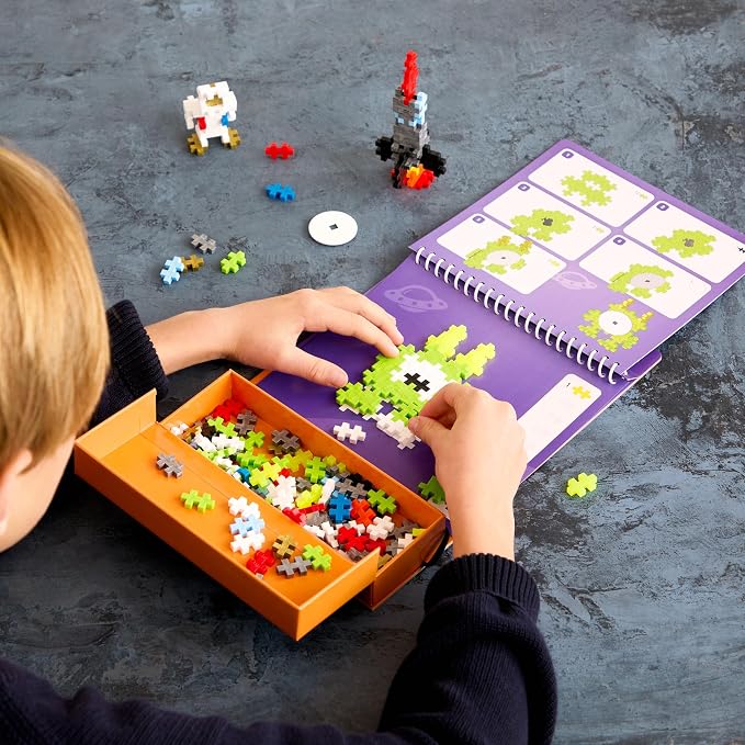 PLUS PLUS Puzzle By Number Activity Pad, Space - Mini Building Blocks Set | Roadtrip Essentials for Kids, Interlocking Waffle Blocks, Stem Toy, Airplane Activities for Kids, Kid Car Ride Must Haves