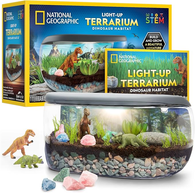 National Geographic Light-Up Dinosaur Terrarium Kit for Kids Ages 6+ | Real Plants and Gemstones, Night Light, Dino Habitat, DIY Science Activity, Dinosaur Toys, Birthday Gift