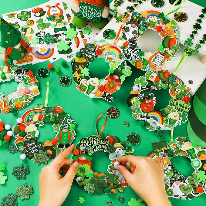 Hollowfly 48 Sets St. Patrick's Day Wreath Craft Kits | 8 Shamrock and Leprechaun Designs, 5.91 in Paper Wreaths with Pom-Poms and Stickers, Crafts for Home, Classroom and Parties