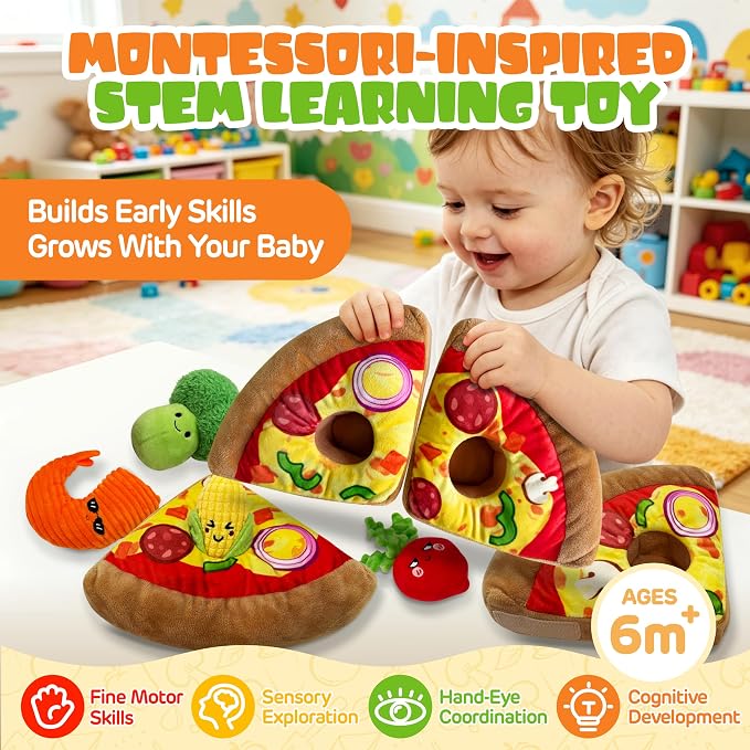 Montessori Baby Sensory Pizza Plush Toy with Peel & Stick for 6-36 Months | Crinkle Rattle Squeaker Play Food, Soft Baby-Safe Multi-Textured, STEM Fine Motor Skills, Boy Girl Baby Shower Birthday Gifts