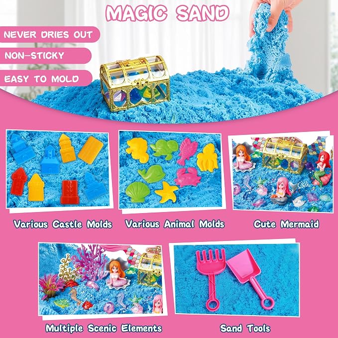 Pakimio Mermaid Sensory Sand Kit for Kids, Complete Sensory Bin with Lid | 2.64lbs Magic Sand, Mermaid Figures & Ocean Molds, STEM Montessori Sensory Toys for Kids 3-8, Girl Christmas Birthday Gifts