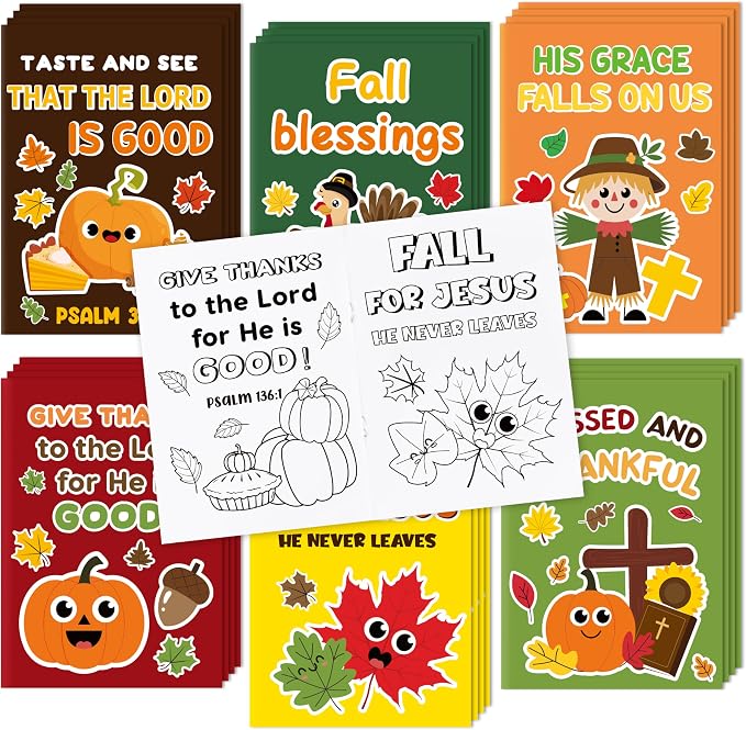Dvbonike 24Pcs Fall Bible Coloring Books Religious DIY Color-in Pages | Drawing Booklet Bulk, Autumn Party Supplies, Christian Activity, Sunday School Artwork, Classroom Rewards, Thanksgiving Gift