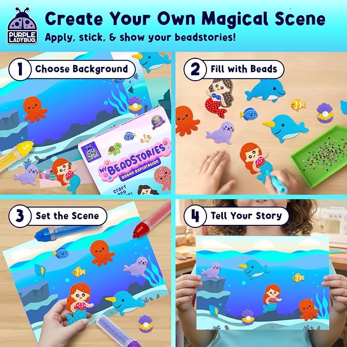 Magical Bead Painting – Birthday Gifts for Girl and Boy Ages 6-8 Years Old, Bead Art & Craft Set, Beads Pen & Painting Activities, Creative Arts & Crafts Ocean Theme Kit with Fun Designs