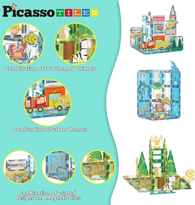 PicassoTiles Magnet Tiles Building Blocks 3-in-1 Aquarium Safari Animal & Metro Theme Playset with 24 Character Action Figures Magnetic STEM Learning Toys Construction Set Toddler kids Ages 3+ PTQ1245