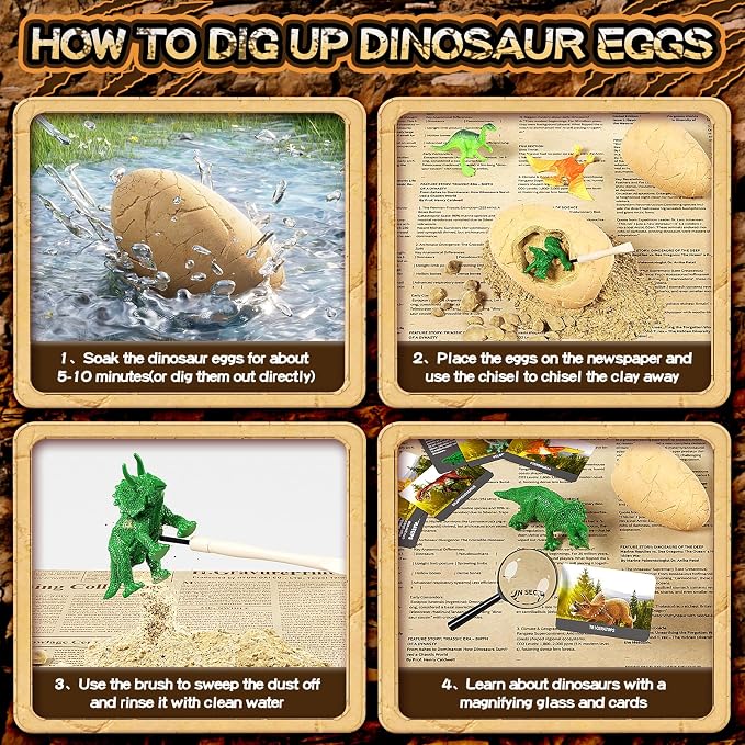 12 Dinosaur Eggs Dig Kit Toys for Kids, Excavation Kit with Magnifier | Easter Basket Stuffers, Science STEM Birthday Party Favors, Gifts for Boys Girls Age 3 4 5 6 7 8 9 10 + Years Old