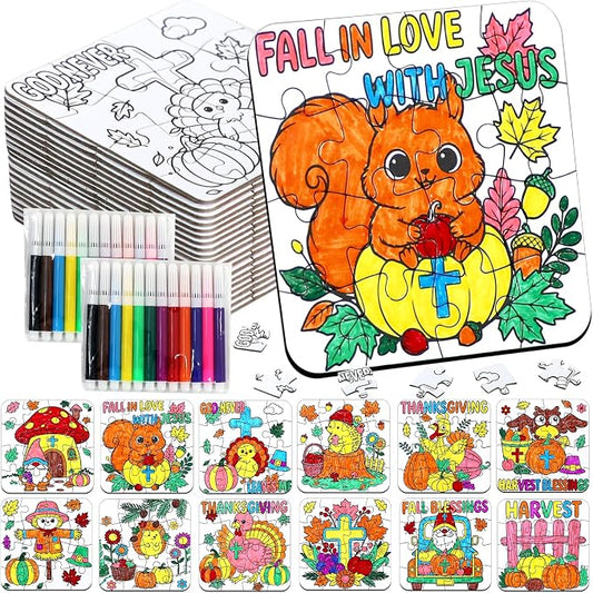 Fall Thanksgiving Crafts for Kids Christian Art Activities Blank Puzzle Toy | 24 Autumn DIY Crafts Pumpkin Turkey Cross Jesus, Religious Classroom Gifts for Toddler Party Favors Games Supplies Bulk