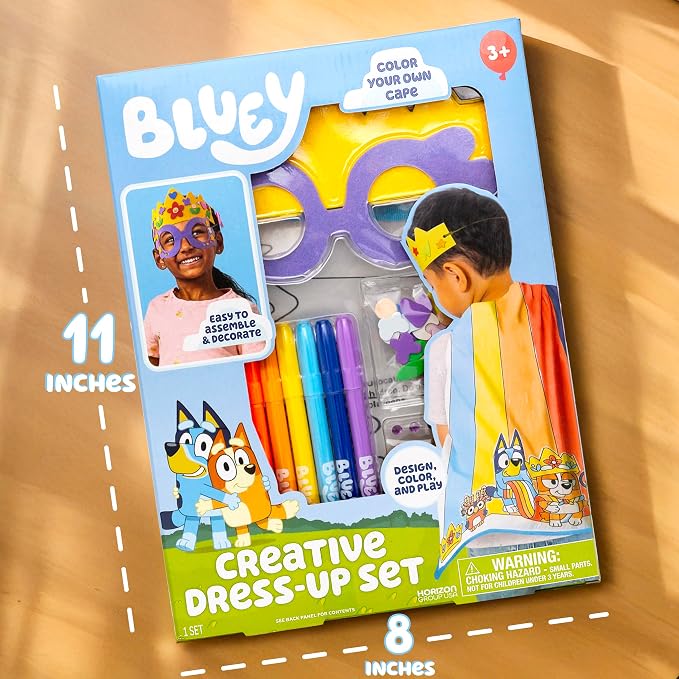 Bluey Creative Dress-Up Set, Includes Colorable Cape, Felt Crown, & Play Mask, Foam Stickers, Coloring Markers, and Gems, Bluey Toys, Toddler Activities, Dress Up Costumes for Kids, Fun Family Toy