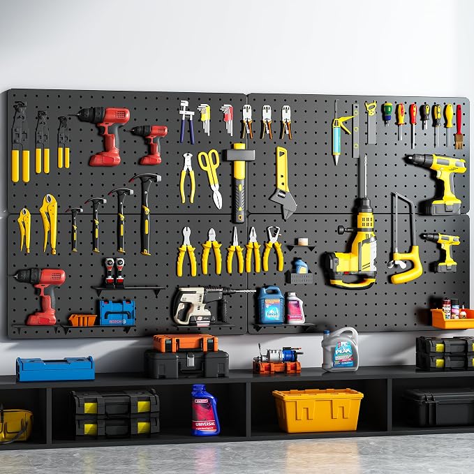 Peg Board, 84pcs Metal Pegboard Kit, Includes 4 Pack 24''X12'' Large Black Peg Board with Accessories and Hook Locks, Heavy Duty Peg Boards for Walls Home, Garage Tool Storage, Workbench