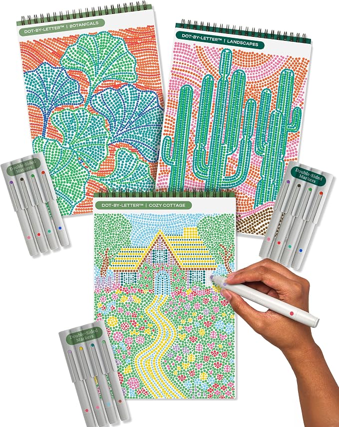 Lifelines FlowArt Activity Pads 3-Pack, Dot-by-Letter Guided Coloring Books | 12 Double-Sided Markers & 60 Scenes - Guided Art Meditations for Tweens, Adults & Seniors - Color-by-Number - Patent Pending