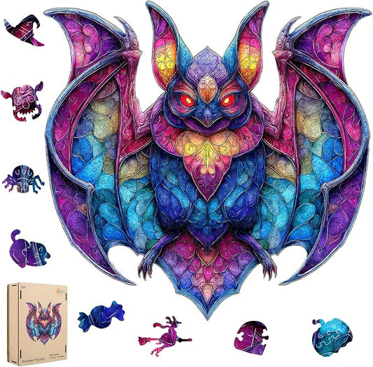 MEATRN Wooden Puzzles for Kids, Stained Glass Bat Wood Puzzles Adult, 198 Pcs