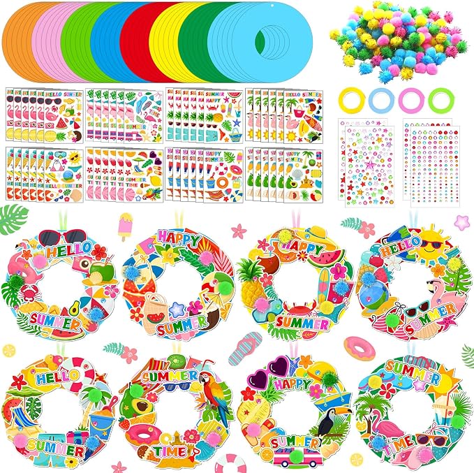 Hollowfly 48 Sets Summer Wreath Craft Kits DIY Paper Hanging Ornaments | Kids Summer Crafts, Door Wreath Decorations for Party Favors, Colorful Paper Rings, Tropical Fruit Flamingo Stickers