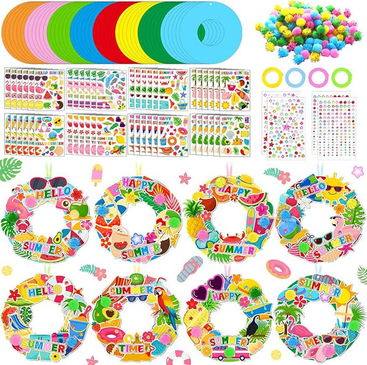 Hollowfly 48 Sets Summer Wreath Craft Kits DIY Paper Hanging Ornaments | Kids Summer Crafts, Door Wreath Decorations for Party Favors, Colorful Paper Rings, Tropical Fruit Flamingo Stickers