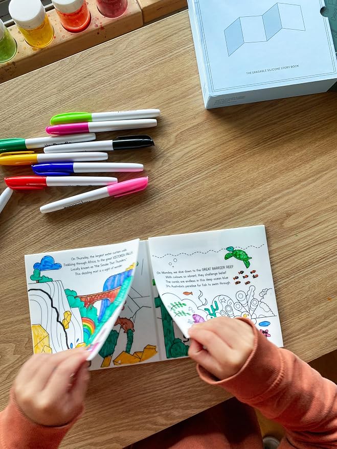 Natural Wonders Tales Foldout Book – Reusable Silicone Coloring Book for Toddlers and Kids Ages 3-7 – Educational Nature Activity Pad with 12 Markers – Mess-Free Travel Toy