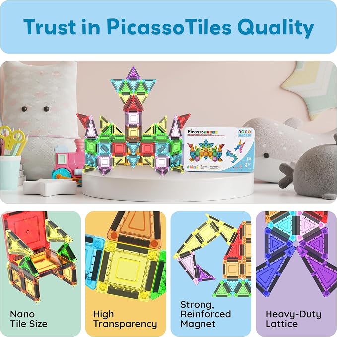 PicassoTiles Nano Magnetic Tiles Travel Set with Storage Tin, Kids Ages 3+ | 39 colorful triangles, 11 squares, lid doubles as a play board, STEM learning, portable screen-free fun, expandable builds