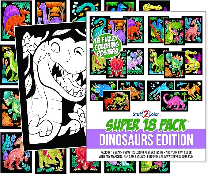 Super Pack of 18 Fuzzy Velvet Coloring Posters (Dinosaurs Edition) - Arts & Crafts for Boys and Girls - Great for After School, Travel, Quiet Time, Group Activities, Family and Coloring with Friends