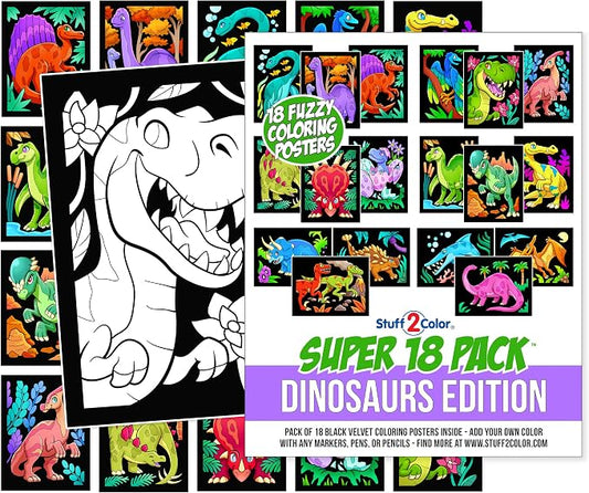 Super Pack of 18 Fuzzy Velvet Coloring Posters (Dinosaurs Edition) - Arts & Crafts for Boys and Girls - Great for After School, Travel, Quiet Time, Group Activities, Family and Coloring with Friends