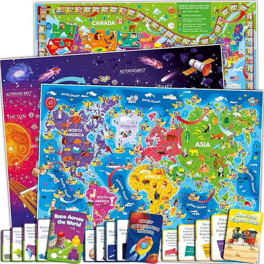 3 Learning Board Games for Kids 8-12 - Educational Trivia Cards Ages 6-8 | Travel United States - World Map - Explore Outer Space - Games Gift for Children Ages 4-8 and Teens
