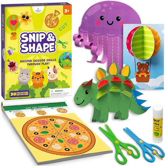 Snip & Shape Scissor Skills Activity Book with Toddler & Kids Scissors 3-5 | 30 cutting crafts for fine motor skills, 2x childrens safety scissors, kindergarten & preschool learning activity workbook