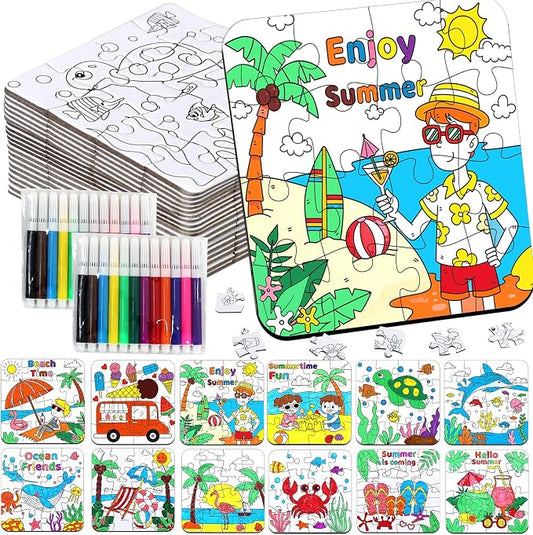 24Set Summer Arts & Crafts for Kids Adults Bulk, Hawaiian Summer Activity DIY Puzzle Kit with Beach Tropical Palm Tree, Luau Ocean Theme Painting for Classroom Party Favors Gift Coloring Game Supplies