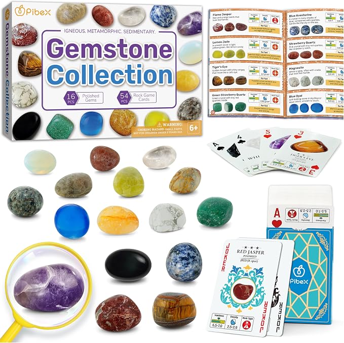 PIBEX Gemstone Collection Kit, 16 Gems & Crystals, Approx. 1-Inch / 2-3 cm | 16 Polished Gems, Amethyst to Opal & Moonstone, Game Cards, Learning Guide, Display Box, STEM Geology Gift for Kids Ages 6+