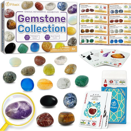 PIBEX Gemstone Collection Kit, 16 Gems & Crystals, Approx. 1-Inch / 2-3 cm | 16 Polished Gems, Amethyst to Opal & Moonstone, Game Cards, Learning Guide, Display Box, STEM Geology Gift for Kids Ages 6+