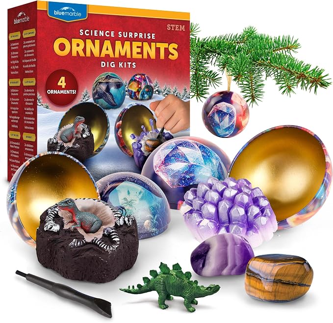 Blue Marble Christmas Ornament Dig Kit with 4 Science Surprises for Kids | 4 Dig Kit Ornaments, Gemstone and Dinosaur Dig Bricks, Excavation Activity, Christmas Craft, Stocking Stuffers