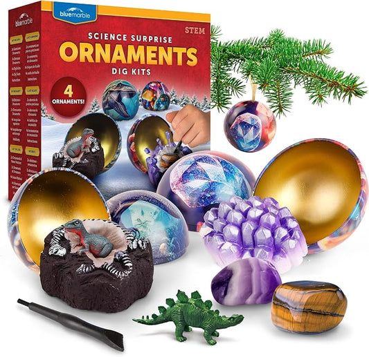 Blue Marble Christmas Ornament Dig Kit with 4 Science Surprises for Kids | 4 Dig Kit Ornaments, Gemstone and Dinosaur Dig Bricks, Excavation Activity, Christmas Craft, Stocking Stuffers