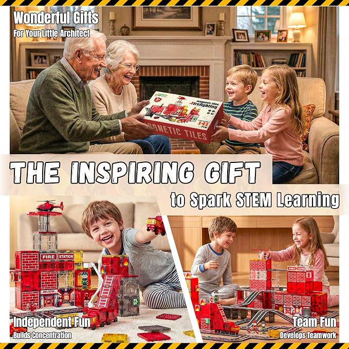141PCS Magnetic Tiles for kids, Fire Rescue Theme Magnet Tiles with Fire Station & Fire Rescue Vehicles, STEM Magnetic Tiles for Kids Ages 4-8, Preschool Educational Building Toys for Boys & Girls
