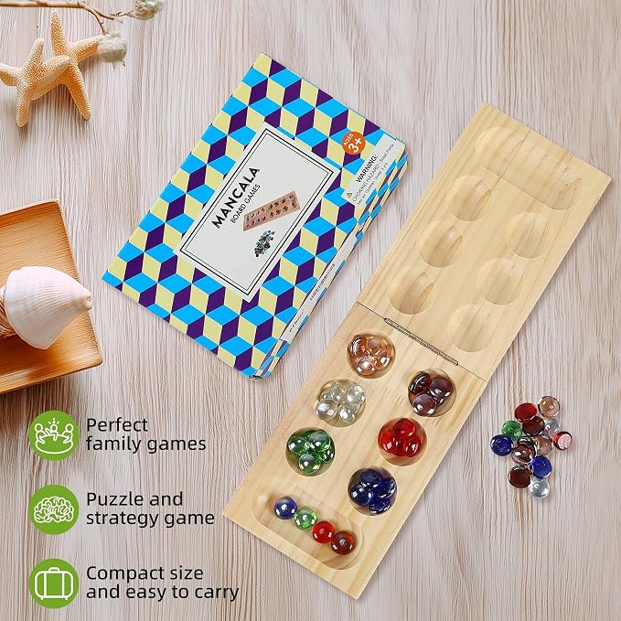 Offelec Mancala Board Game Set, Wooden Folding Board with 48 Colorful Glass Stones | Portable Travel Games for Adults | Classic 2 Player Strategy Game for Family Night
