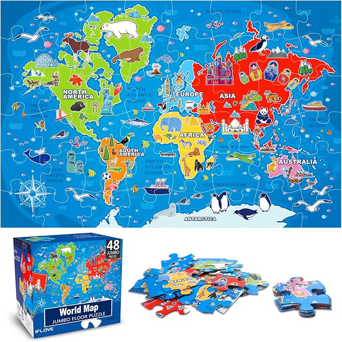 Jumbo Floor Puzzle for Kids,48-Piece World Map Jigsaw Puzzle Ages 3-8 | Discover 7 Continents,Oceans,Animals and Landmarks;Extra-thick Cardboard,35x24 in Completed,Preschool Gift for Boys and Girls