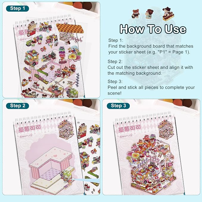 Scene Sticker – 20 Sets of DIY 3D House Scenes Cute Cartoon Stickers Kit for Kids & Adults – Fun Sticker Therapy Activity for Stress Relief, Crafts & Gifts (Black - 20 Set)