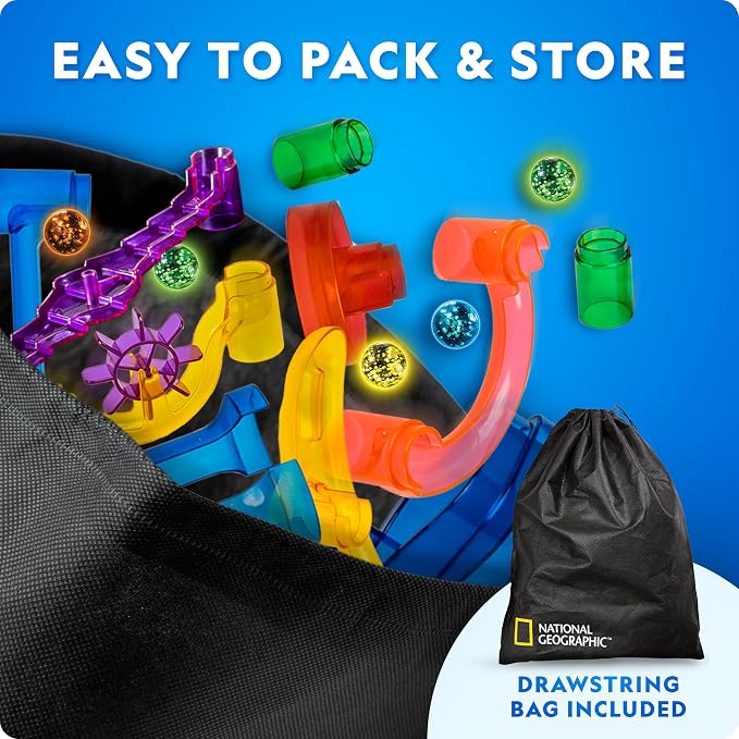 NATIONAL GEOGRAPHIC Glowing Marble Run – 150 Piece Construction Set with 30 Glow in the Dark Glass Marbles & Storage Bag, STEM Gifts for Boys and Girls, Building Project Toy (Amazon Exclusive) | 30 Glass Marbles, Smooth-Run Tubes, Action Pieces, Marble...