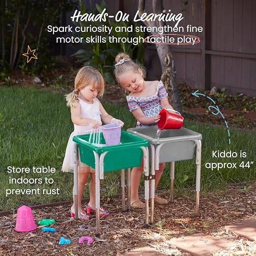 ECR4Kids 2-Station Sand and Water Adjustable Play Table, Sensory Bins, Grey/Emerald | Durable plastic/steel, GREENGUARD Gold Certified, 3-5 years, 80 lb capacity, adjustable legs, easy-lift lids, indoor/outdoor