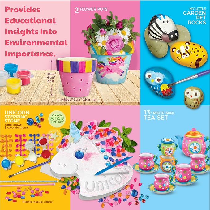 4M Magical Garden Kit for Kids Ages 8-12 – 4-in-1 Craft Set: Paint Flower Pots, Unicorn Stepping Stone with Glow Star, Mosaics & Gemstones, Mini Porcelain Tea Set, Garden Stones, Creative Art Gift