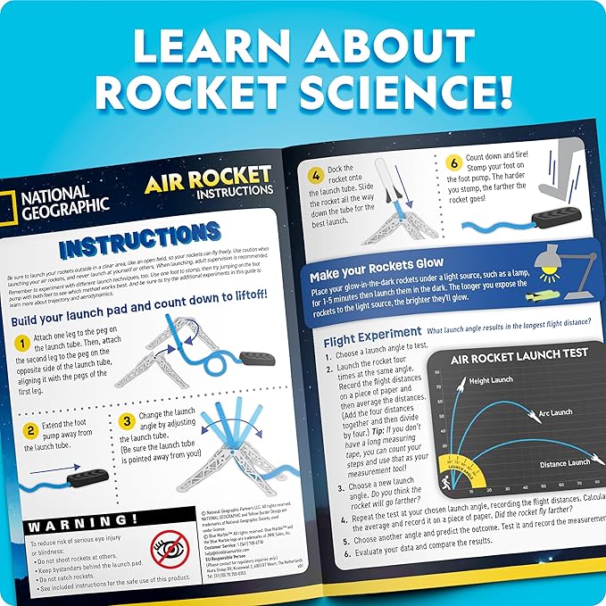 National Geographic Glow in the Dark Air Rocket Launcher Toy for Kids 8-12 | Glow-in-the-Dark Foam Rockets, Launches Up to 100 Feet, Adjustable Base, Outdoor STEM Activity, Backyard Play, Birthday Gift