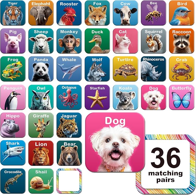 72 PCS Memory Matching Game, Real Animal Matching Cards for Toddlers 36 Pairs Memory Cards for Preschool 4 5 6 Years Old