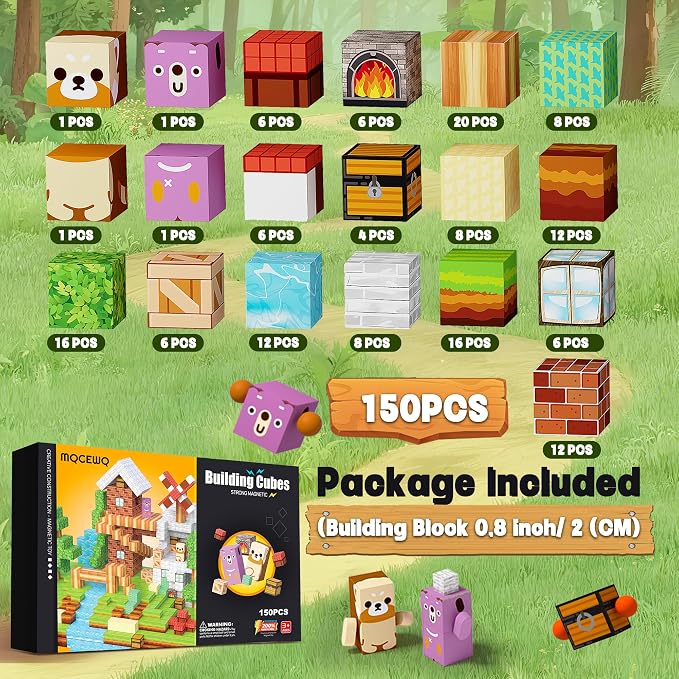 150 PCS Magnetic Building Blocks Toys-Magnet Cubes Green Forest Set Creative Stacking Titles for Kids STEM Montessori Learning Birthday Gifts for Toddler Age 3+ Years Old Boys and Girls