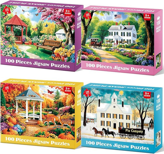 4 Pack 100 Piece Puzzles for Seniors, Four Seasons Jigsaw Puzzles | Elderly Large Piece Puzzle for Adults & Kids Ages 4-6 6-8 8-10, Easy Beginner Puzzle Family Educational Toy Gift