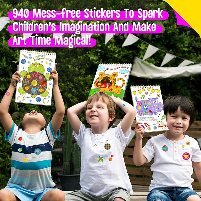 SpriteGru Road Trip Coloring Kit, 50 Coloring Pages with 940 Decorative Stickers & 12 Crayons, Mess-Free Travel Sticker Collage Activity DIY Dotty Animals Travel Art Craft Kit for Kids, Toddlers