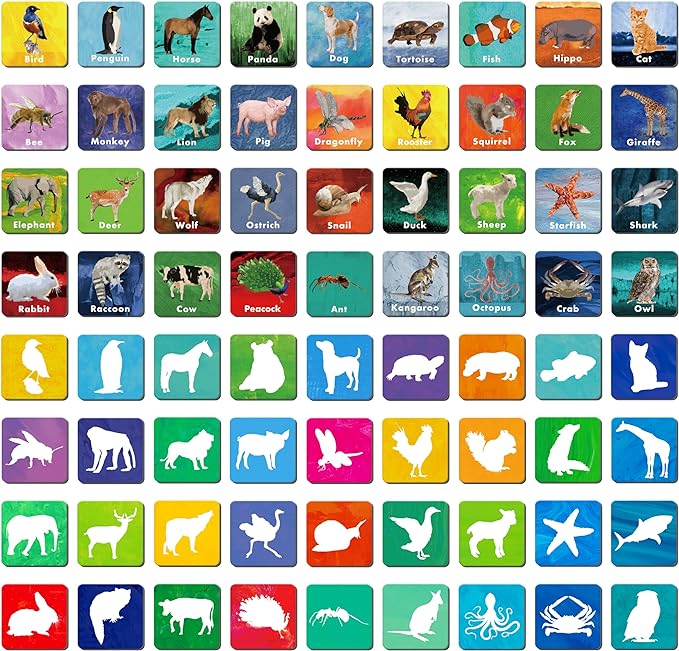 Hebayy 108 PCS Memory Matching Game, 72 Animal Cards & 36 Shadow Cards Matching Cards 36 Pairs Real Animal for Toddlers, Preschool, Kids 4 5 6 Years Old (2” x 2”)