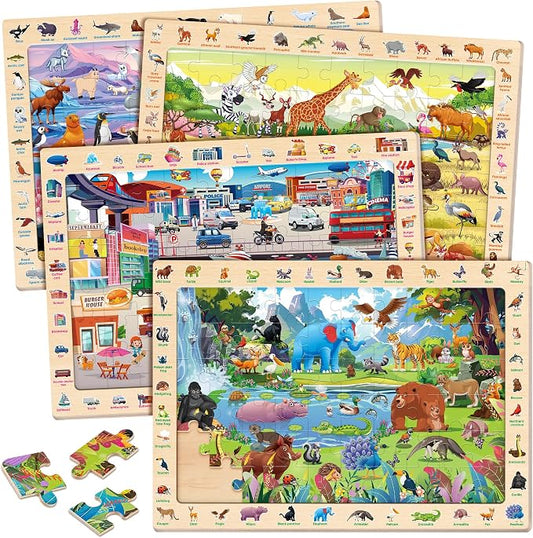SYNARRY Wooden Puzzles for Kids Ages 4-6, 4 x 60 Piece Match & Find Puzzles for Kids Ages 3-5 Boy Girl, Educational Easter Gifts for 4-8 Year Olds, Learning Jungle Savannah Polar Animals & City Life