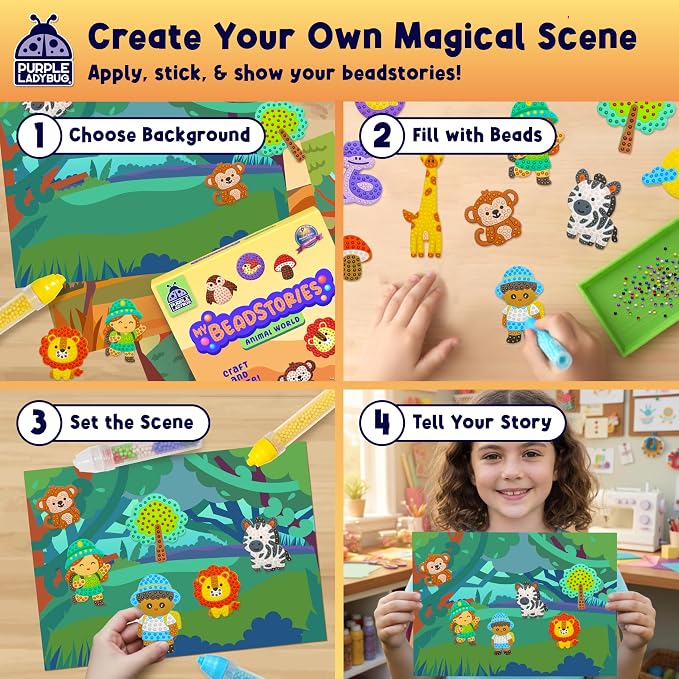 Magical Bead Painting for Kids - Animal World Theme Birthday Gift for Boys & Girls Ages 4-8 Years Old, DIY Mosaic Arts & Crafts Kit with Colorful Templates, Beads Pen & Creative Fun Set